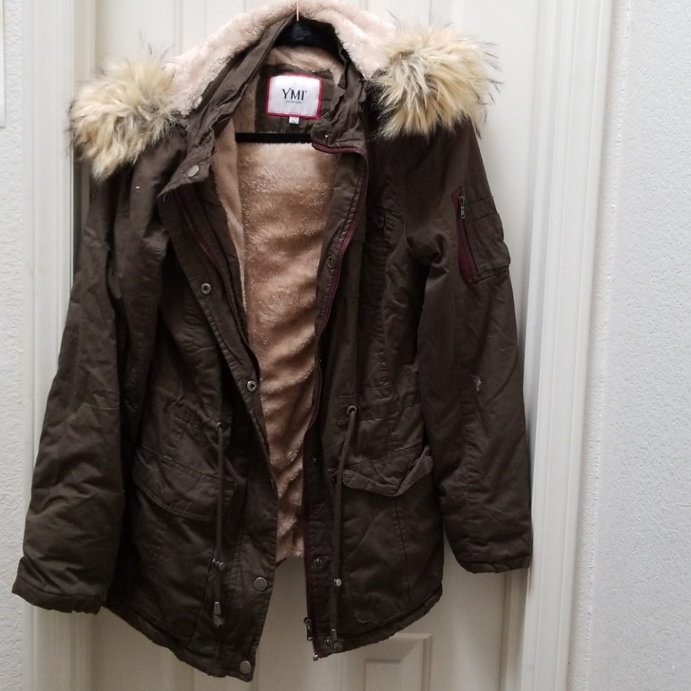 Army green jacket with faux fur hoodie